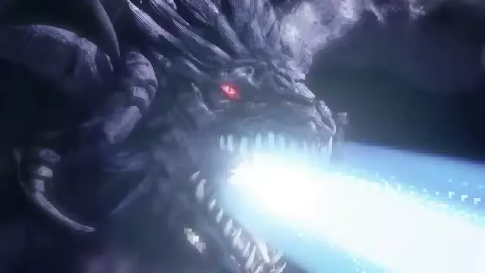 A colossal dark dragon rears up amid glowing red highlights in a cinematic cutscene.