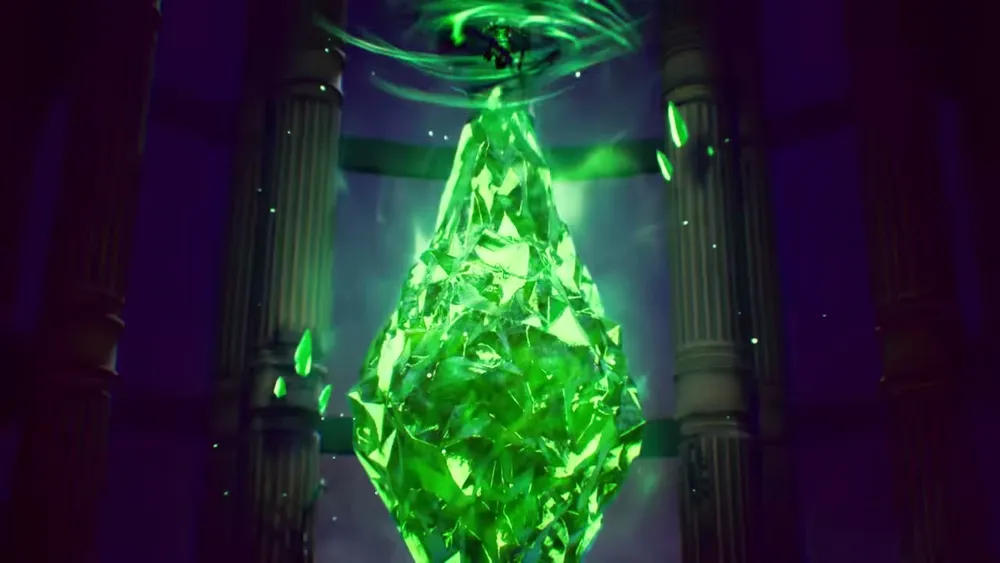 A towering green Earth Crystal glows within a pillared shrine, motes of light drifting around it.