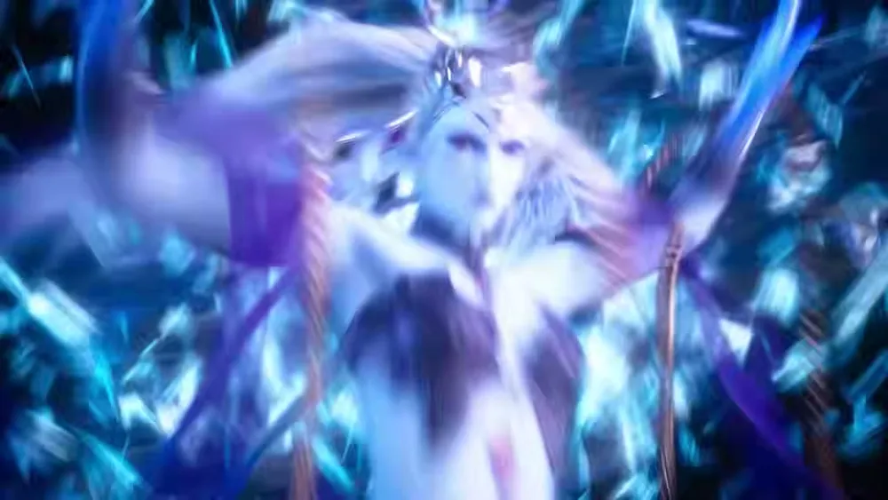 An esper manifests in a burst of blue crystalline light during a summon.