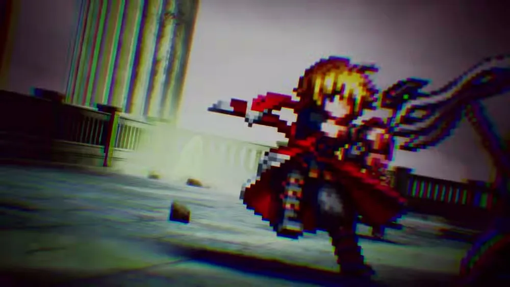 The protagonist Rain, a young knight in a red cape, lunges with his sword in a dynamic pixel-art pose.