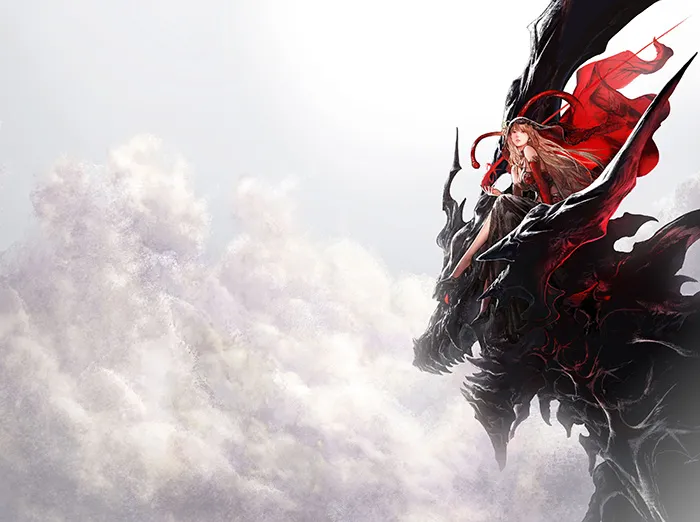 Final Fantasy Resonance key art — a lone figure atop a colossal black dragon against a pale, clouded sky, painted in the classic Amano style.