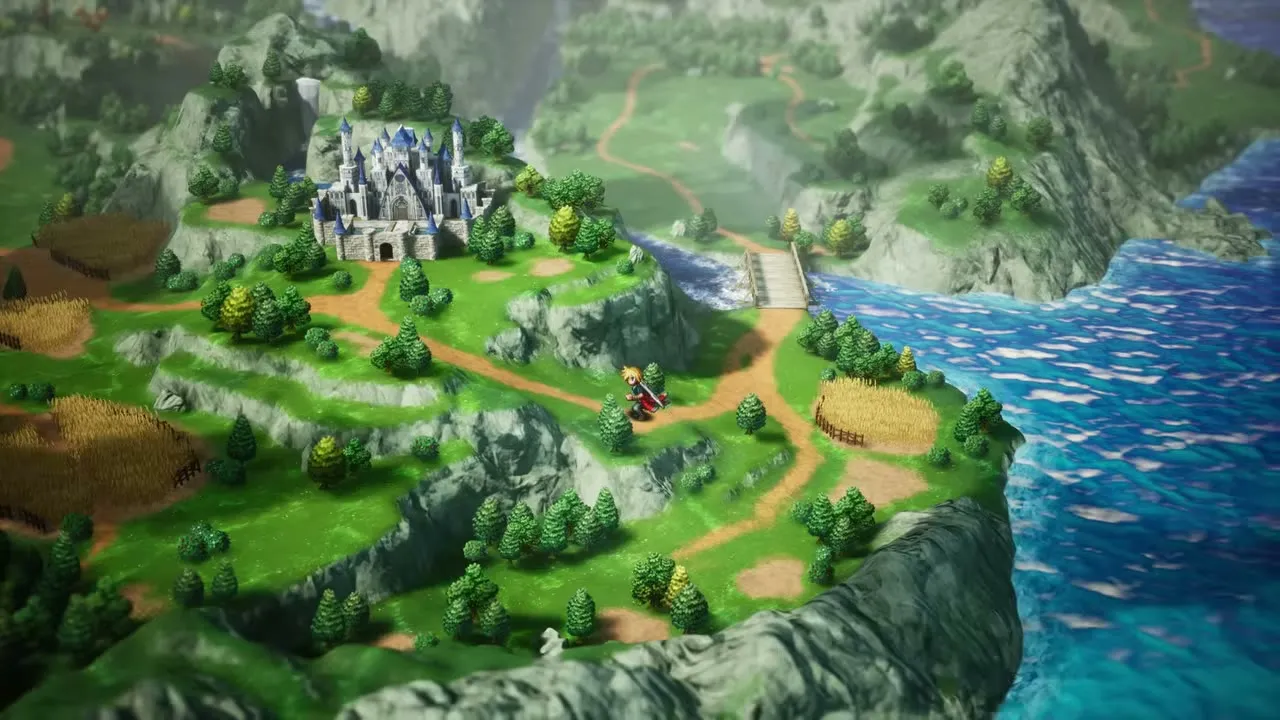 The HD-2D overworld: a blue-spired castle set among rolling green hills, farmland and a winding coastal road, with the player character crossing the field.