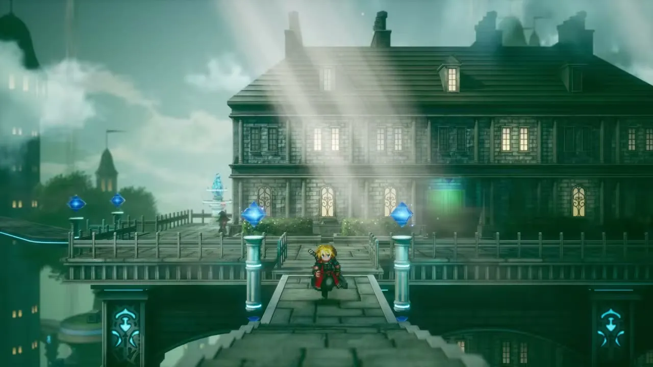 An HD-2D town at dusk — the hero crosses a stone bridge lined with glowing blue crystal lamps toward a tall stone manor as light rays pour through the mist.