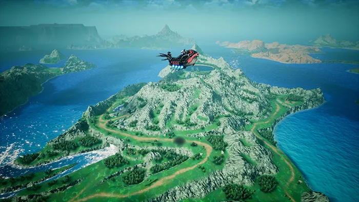 An airship soars over a lush archipelago of green islands and blue sea on the world map.