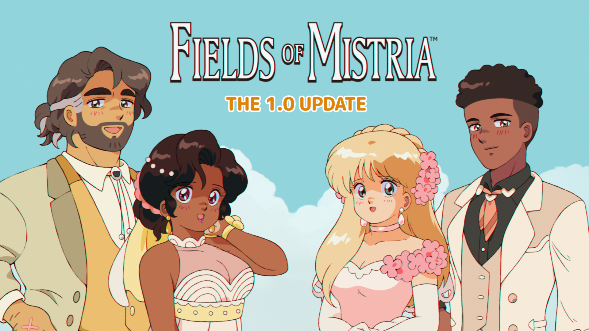 Fields of Mistria 1.0 Update banner showing four characters in wedding clothes.