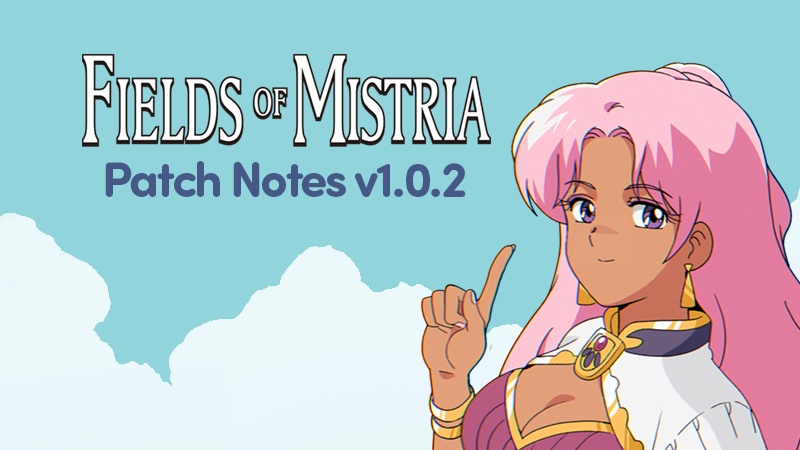 Fields of Mistria Patch Notes v1.0.2 banner featuring a pink-haired character.