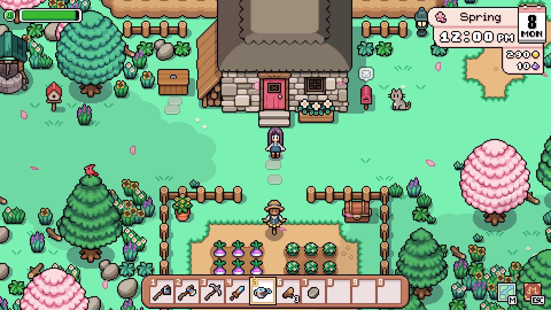 Player character standing beside spring crops and a farmhouse on the farm.