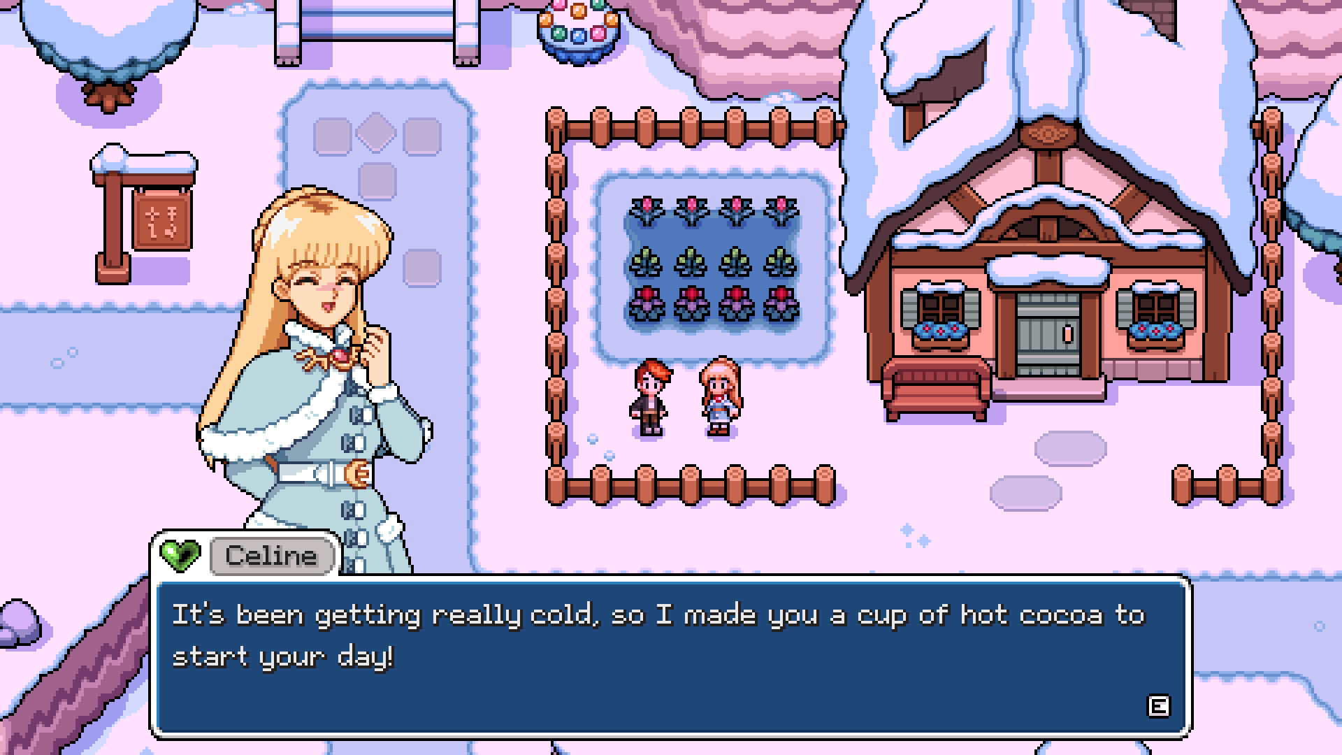Celine speaking to the player beside a snow-covered winter garden.