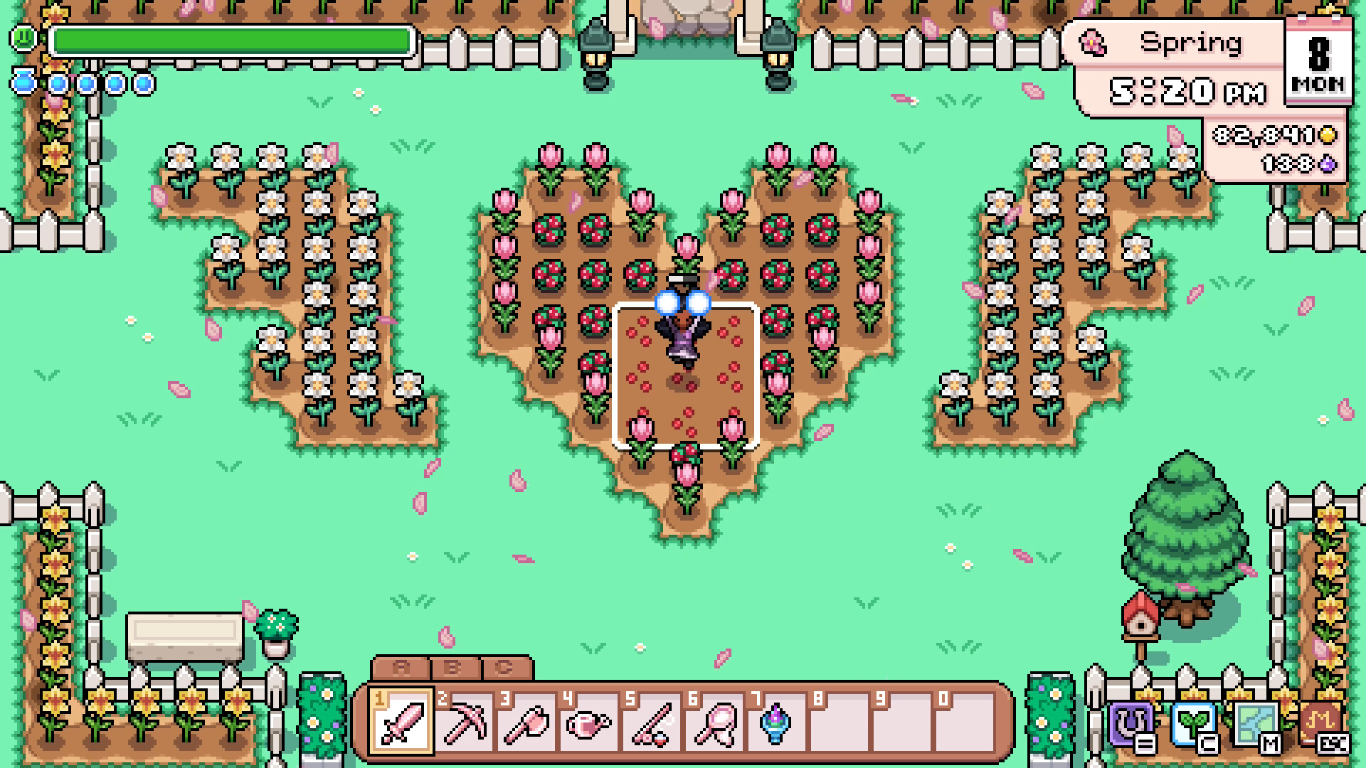 Player casting magic in a heart-shaped field of flowers during spring.
