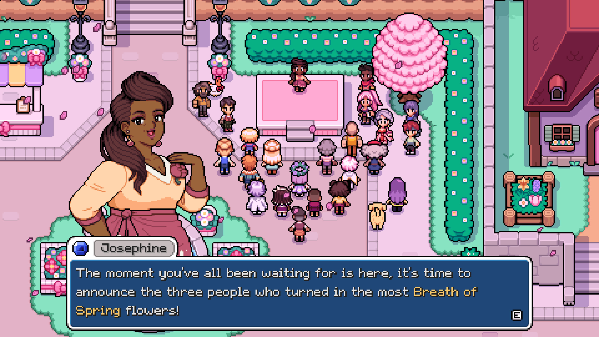 Josephine announcing the Breath of Spring winners to gathered villagers.