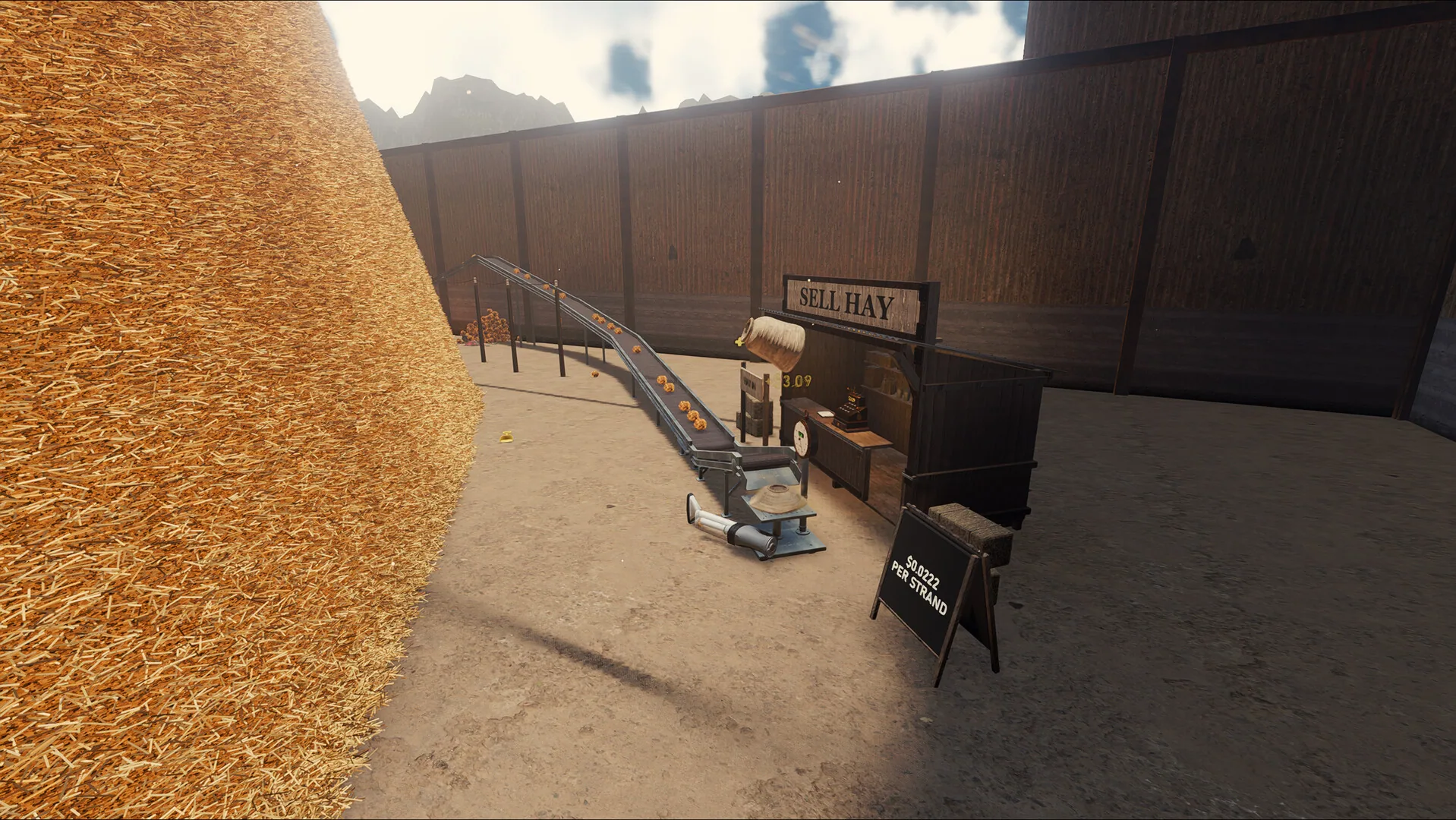 Haystack, conveyor, and the Sell Hay station inside the warehouse.