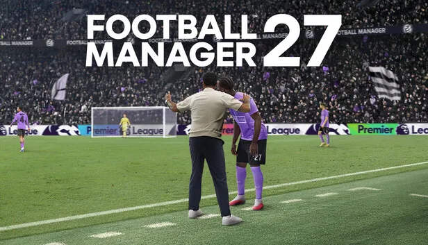 Football Manager 27 key art: a manager briefs a player on the touchline in a packed stadium