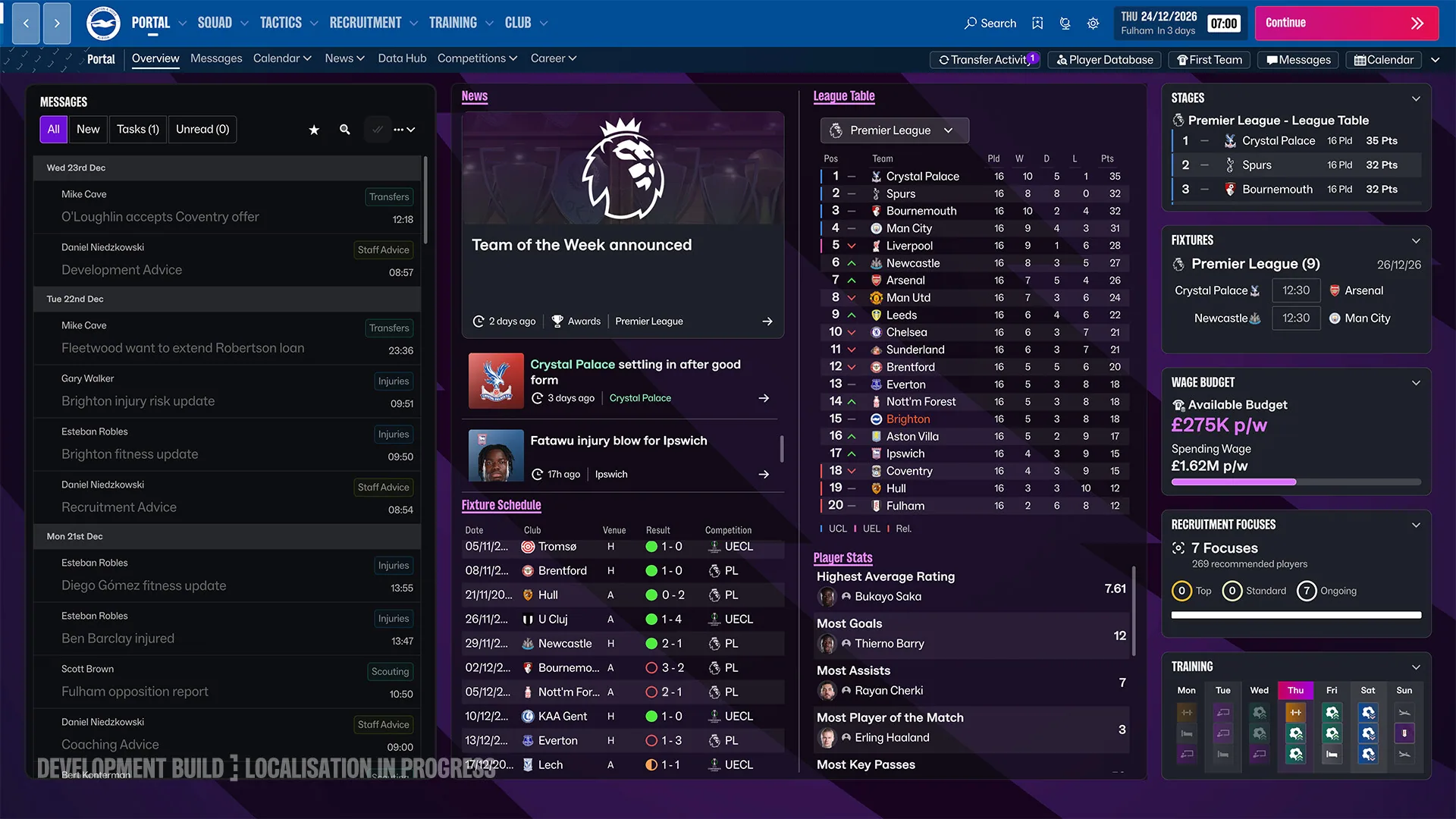 FM27 Portal screen with news and the league table