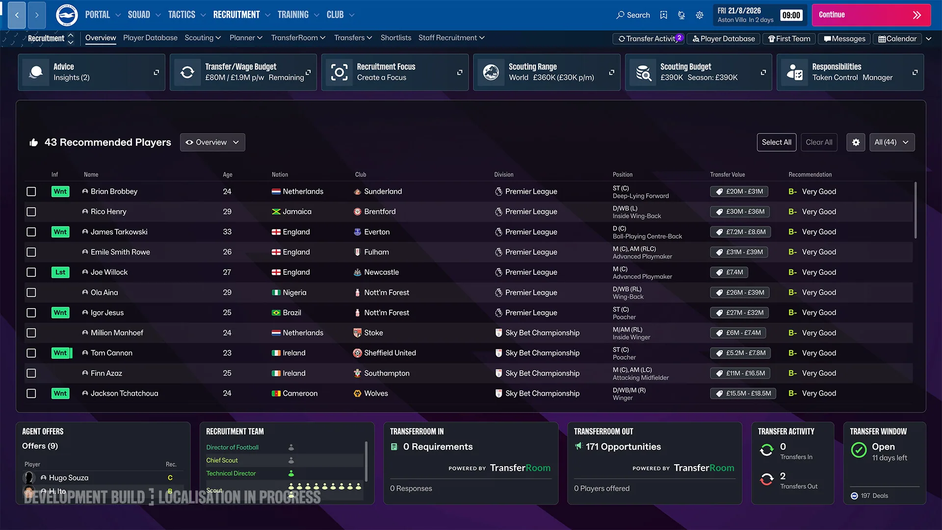 FM27 Recruitment screen listing recommended players