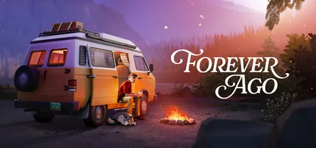 Alfred, white beard and red shirt, sits in the open door of an orange-and-white van beside a campfire, a dog sleeps at his feet, the plate reads 4VR AGO, and pine mountains stand at dusk under the Forever Ago wordmark.