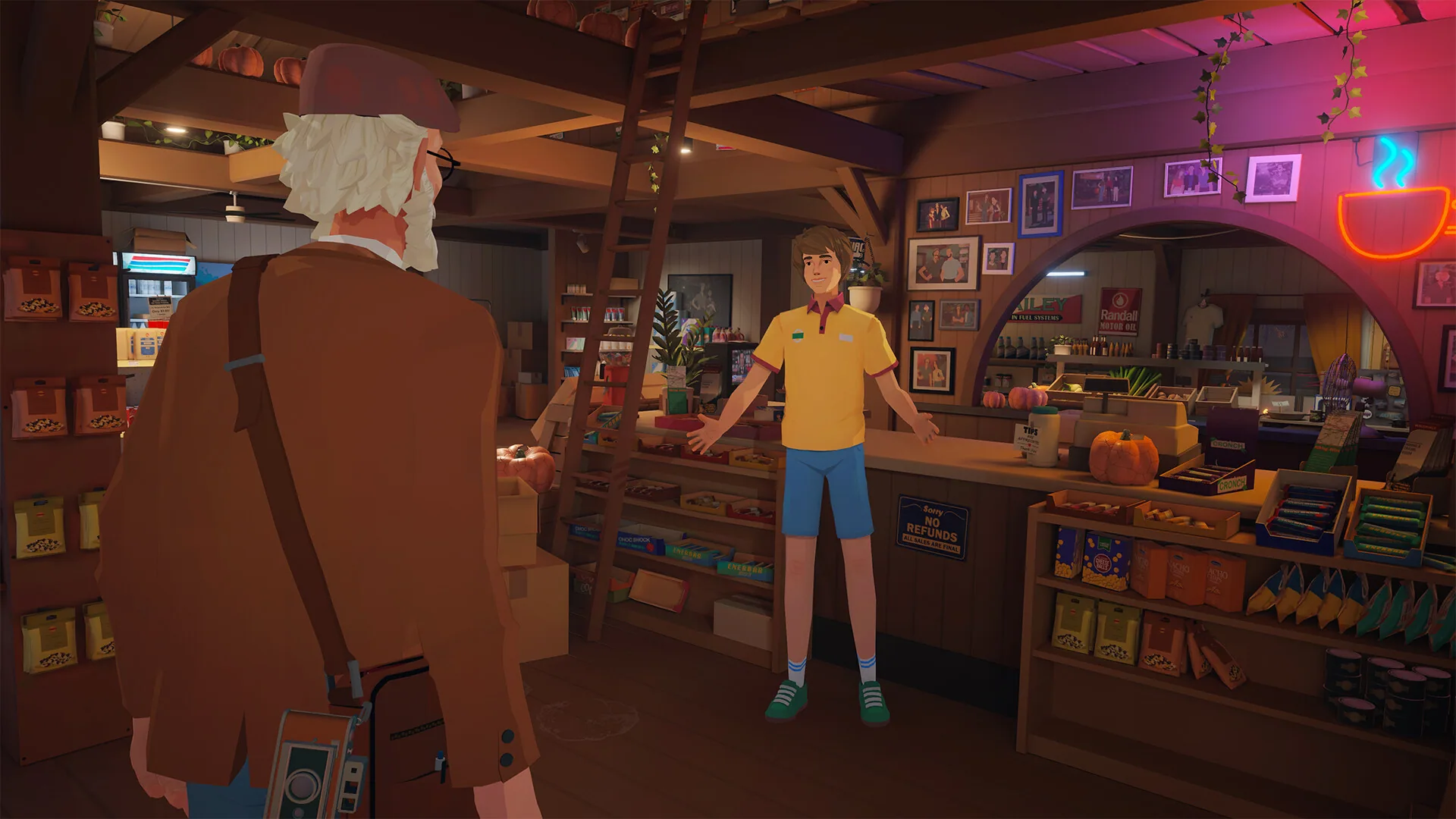 Alfred holds the instant camera in a shop while a clerk in a yellow polo stands near pumpkins, a neon coffee cup, and a sign that reads Sorry NO REFUNDS.