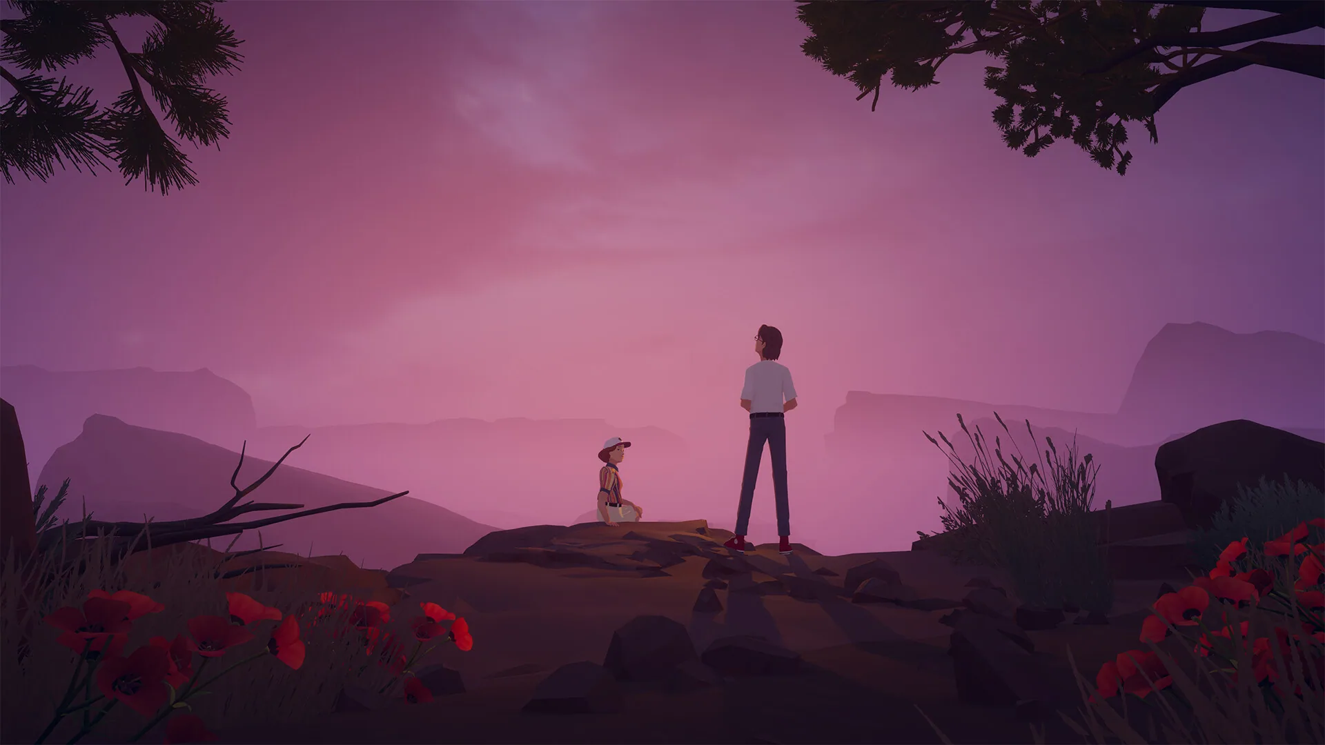 Two figures stand on a purple ridge among red poppies, one seated in a cap and one standing.