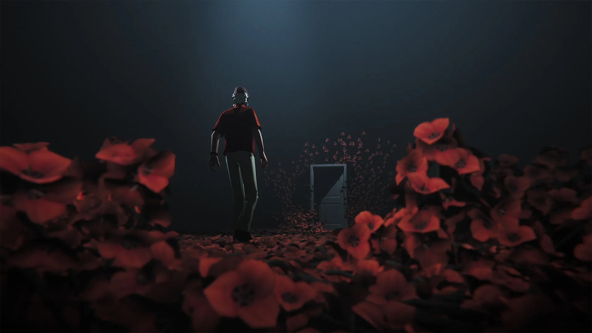 Alfred walks away through red flowers toward a pale door in a dark void while petals rise.