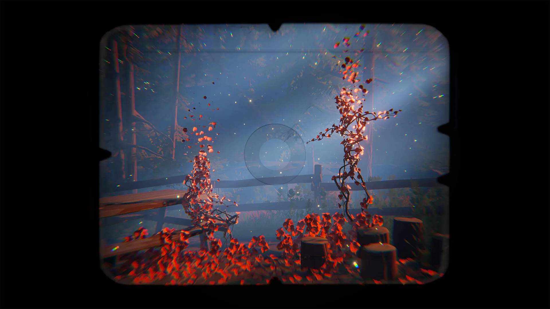 A camera viewfinder with a rounded black frame looks onto red flowering vines in a blue forest, with a circular focus reticle.