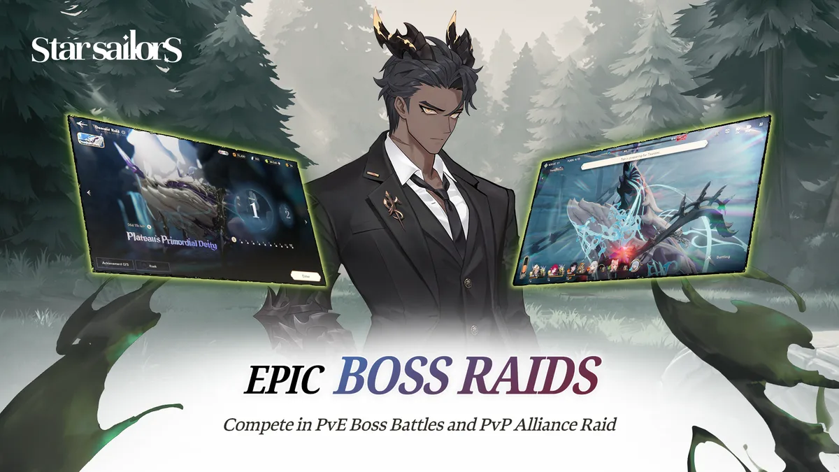 Official site banner: "EPIC BOSS RAIDS — Compete in PvE Boss Battles and PvP Alliance Raid" — the officially named PvE and PvP boss modes; no official source ties Break specifically to this content.