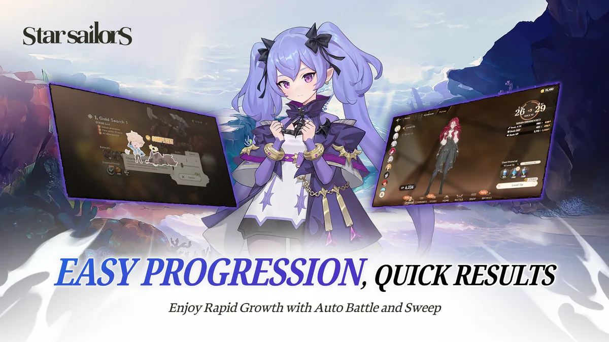 Official banner: "EASY PROGRESSION, QUICK RESULTS — Enjoy Rapid Growth with Auto Battle and Sweep," featuring Mui.