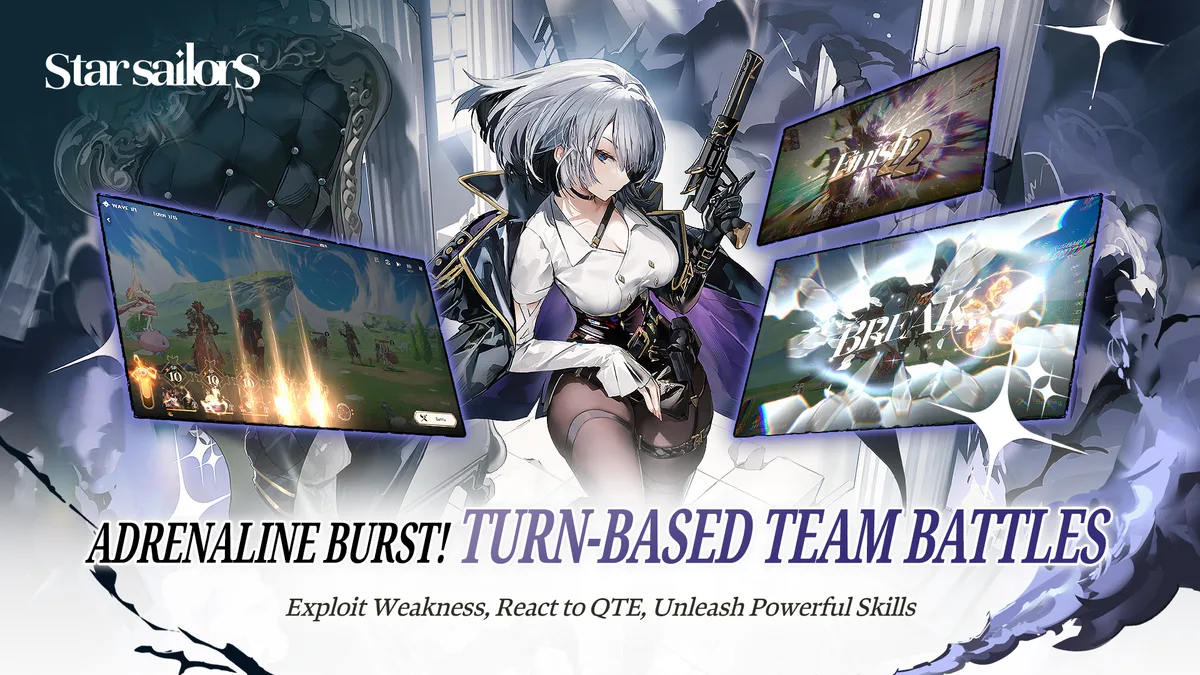 Official site banner: "ADRENALINE BURST! TURN-BASED TEAM BATTLES — Exploit Weakness, React to QTE, Unleash Powerful Skills," featuring Nina Stingblade.