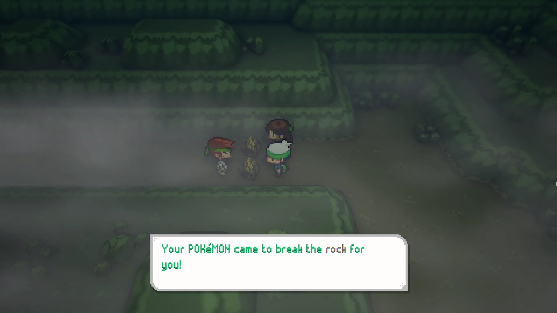 Foggy rock-face scene where a dialogue box reads Your POKÉMON came to break the rock for you!, showing automatic HM rock smash.