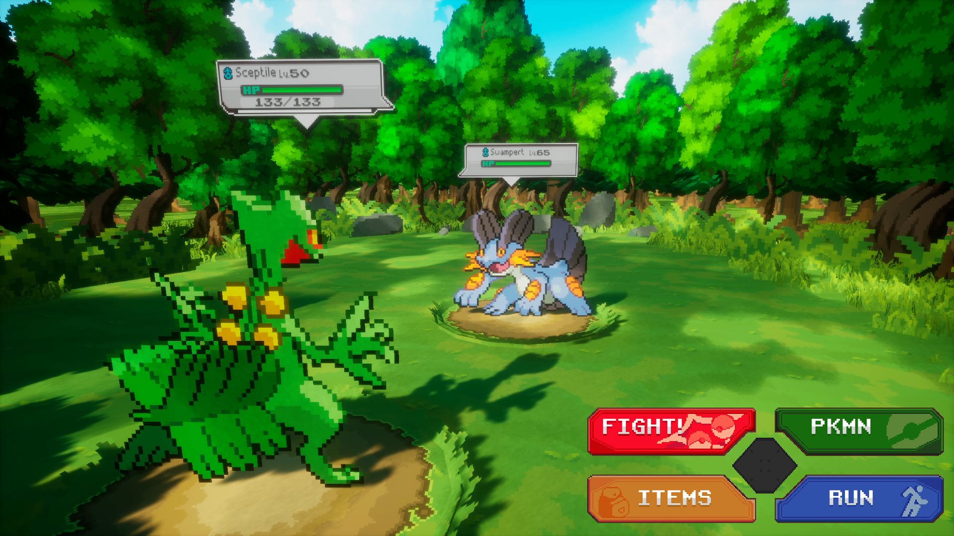 Forest battle screenshot: Sceptile Lv.50 faces Swampert Lv.65 with FIGHT, PKMN, ITEMS and RUN buttons in the lower right.