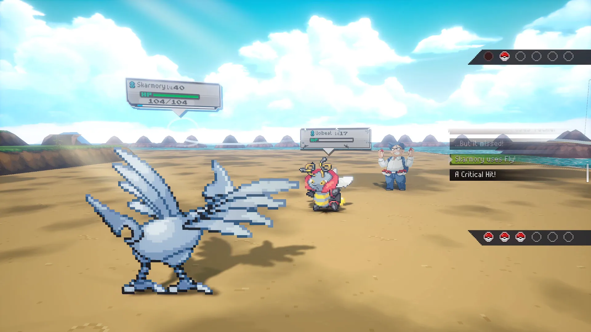 Beach battle screenshot: Skarmory Lv.40 faces Volbeat Lv.17 with Fly, a critical-hit log, Poké Ball party icons and a sandy coastline.
