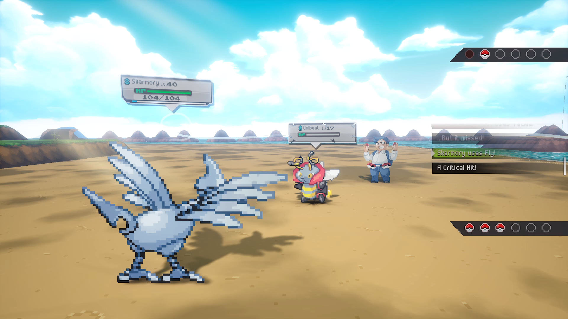 Beach battle screenshot: Skarmory Lv.40 faces Volbeat Lv.17 with Fly, a critical-hit log, Poké Ball party icons and a sandy coastline.