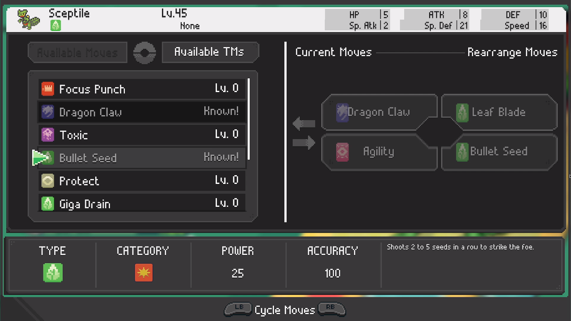 Change Move screen for Sceptile Lv.45 listing Available TMs such as Focus Punch and Dragon Claw beside current moves Leaf Blade, Agility and Bullet Seed.