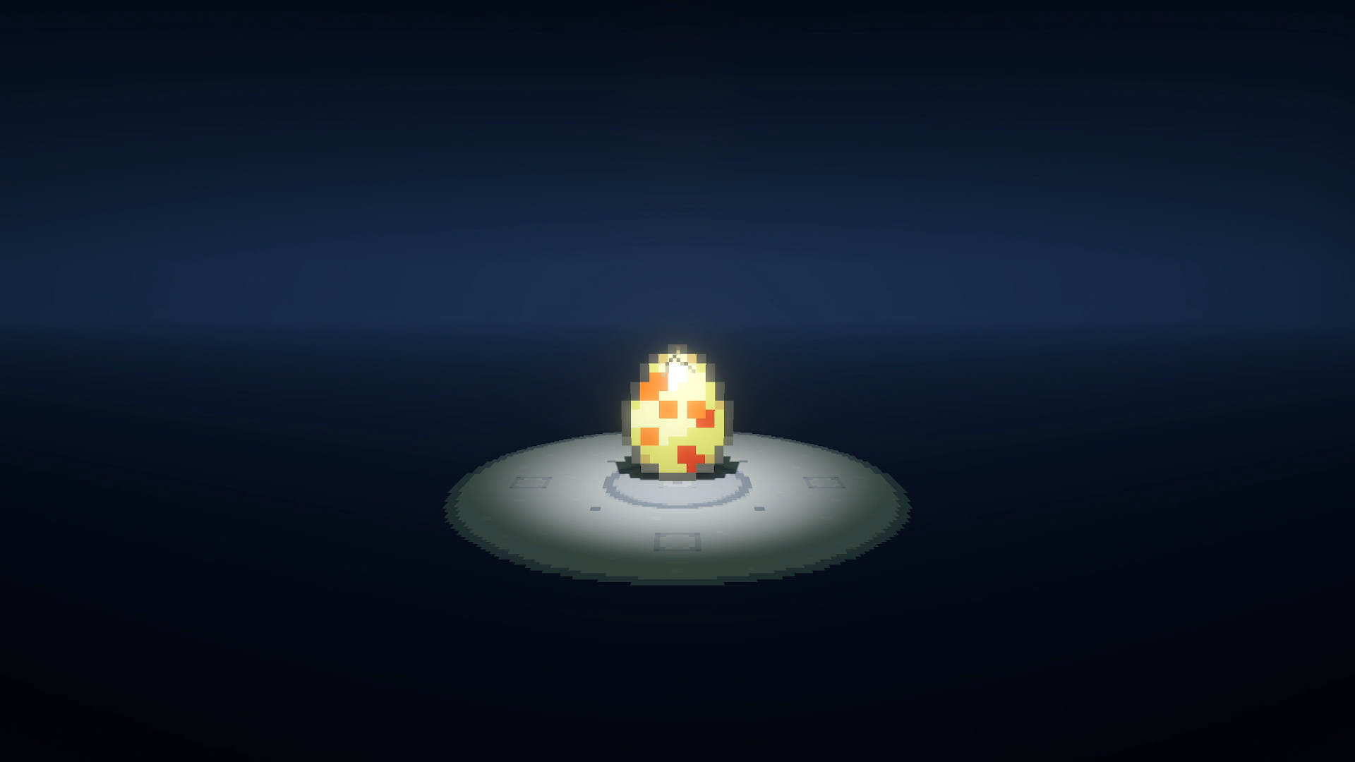 A spotted Pokémon egg sits in a circular spotlight on a dark stage, matching the official egg-breeding feature.