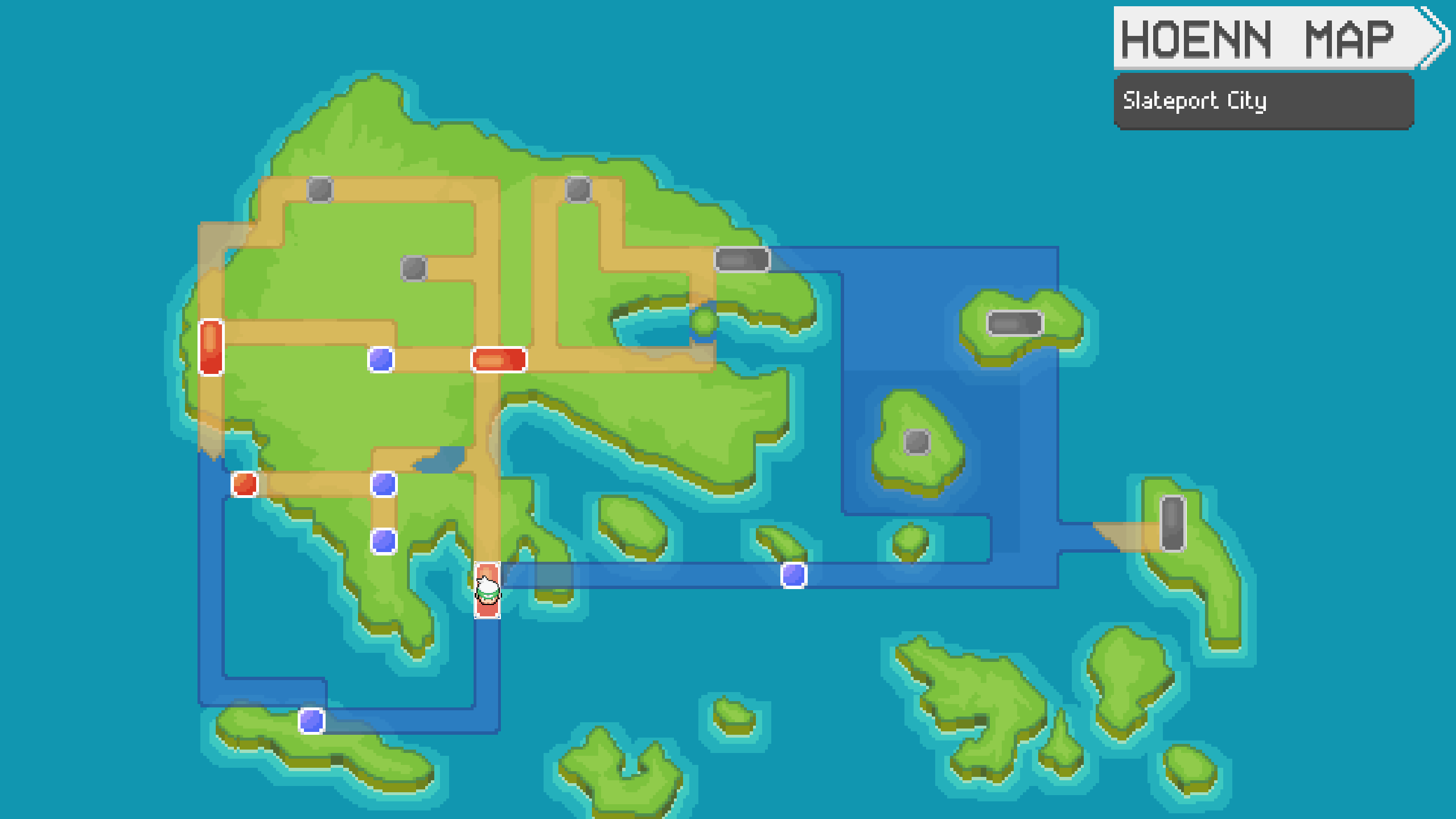 Hand-drawn HOENN MAP UI highlighting Slateport City with gym and Pokémon Center icons across the region.