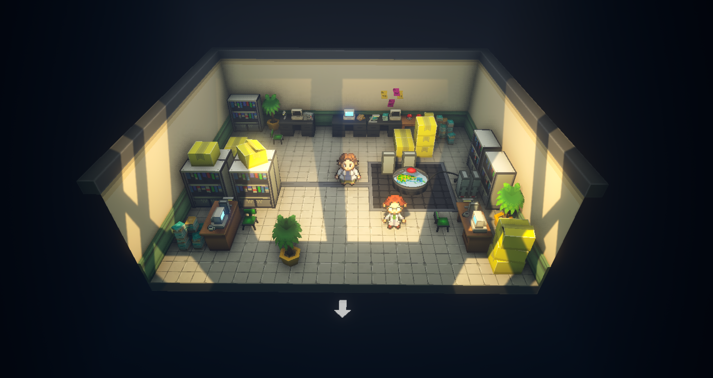 Top-down lab interior with tiled floor, boxed shelves, two lab-coated NPCs and a central table, shown as a dollhouse-style room.