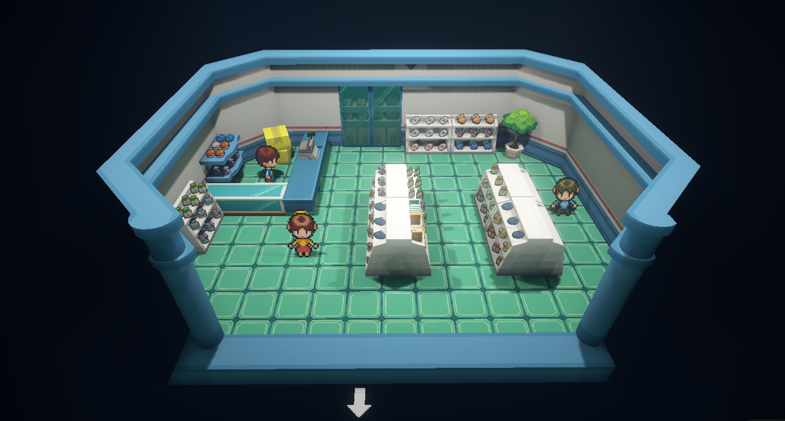 Poké Mart interior with teal tiled floor, item aisles, a clerk behind the counter and two shoppers.
