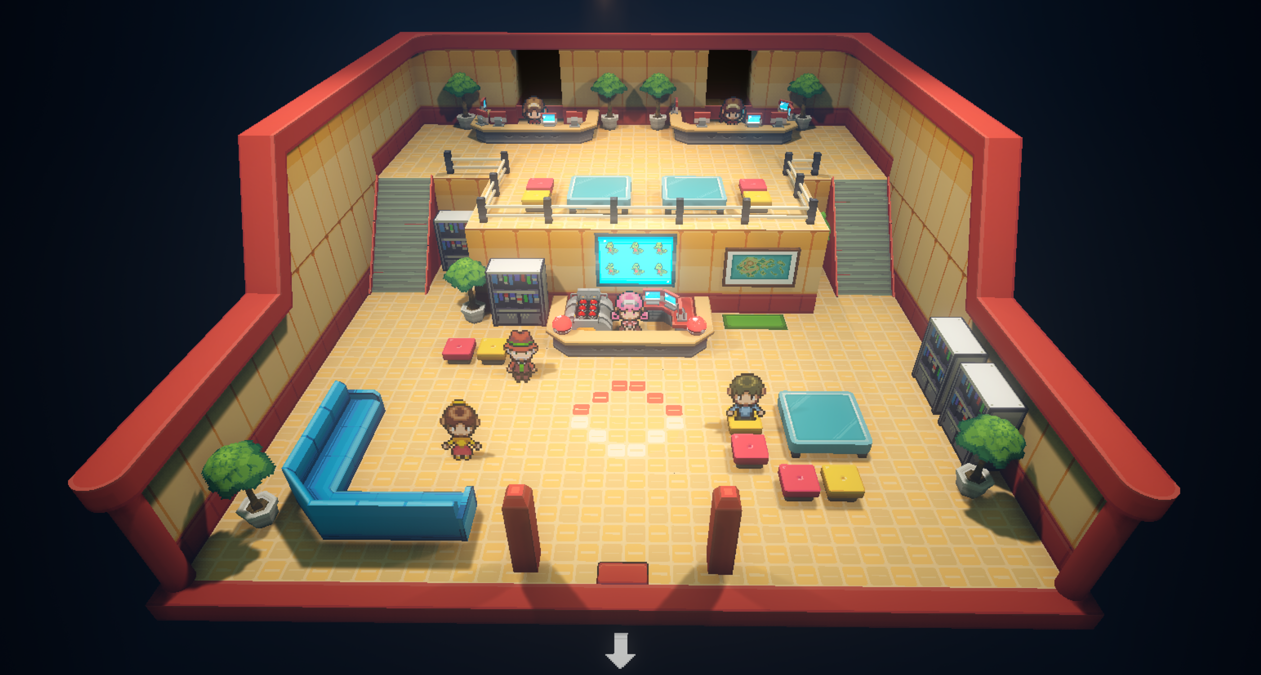 Two-level Pokémon Center interior with healing desk, upstairs counters, couches and a PC corner, matching the official rematch-floor description.