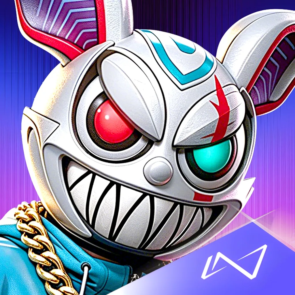App Store icon: a grinning cybernetic rabbit mask with mismatched red and teal eyes, gold chain, teal hoodie.