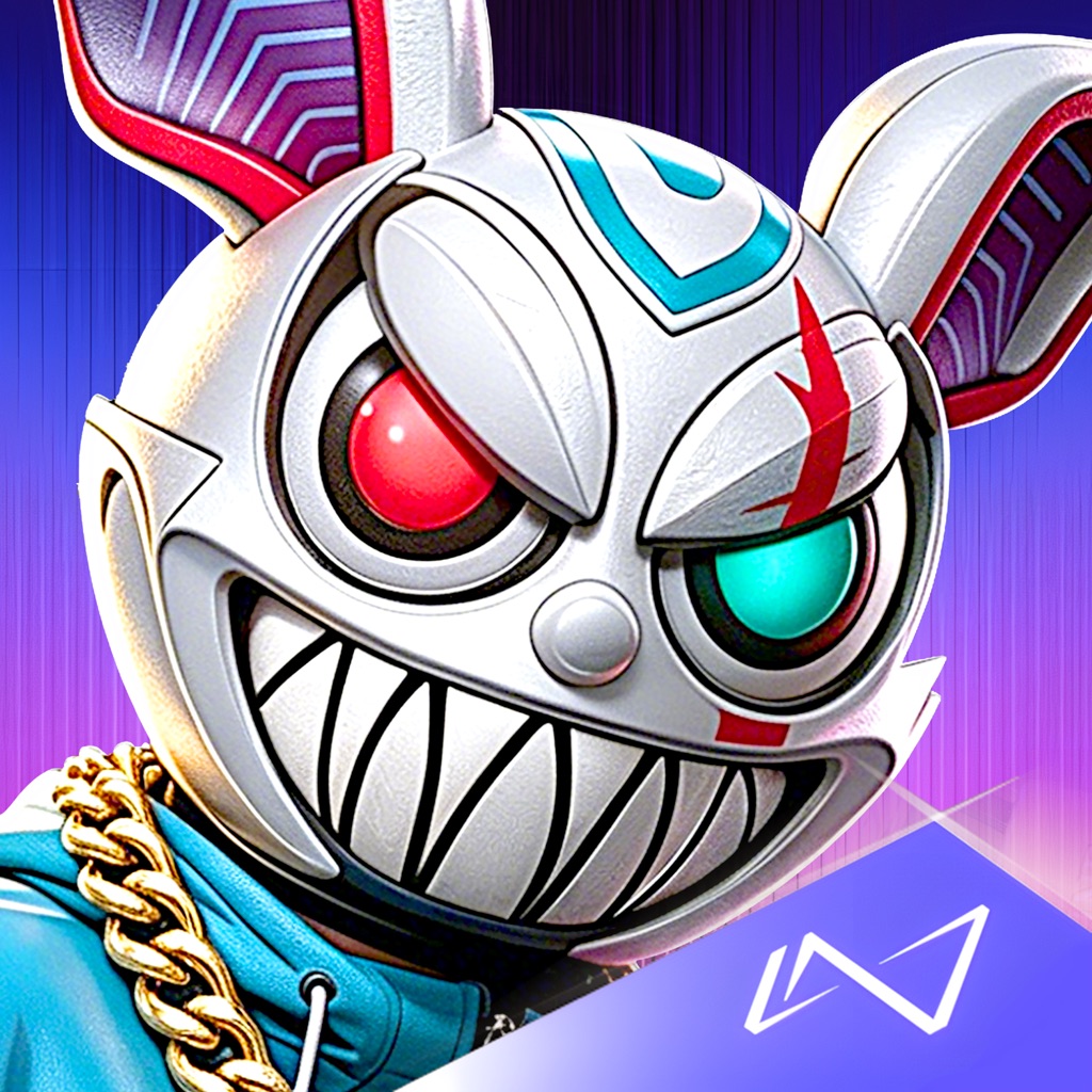 App Store icon: a grinning cybernetic rabbit mask with mismatched red and teal eyes, gold chain, teal hoodie.