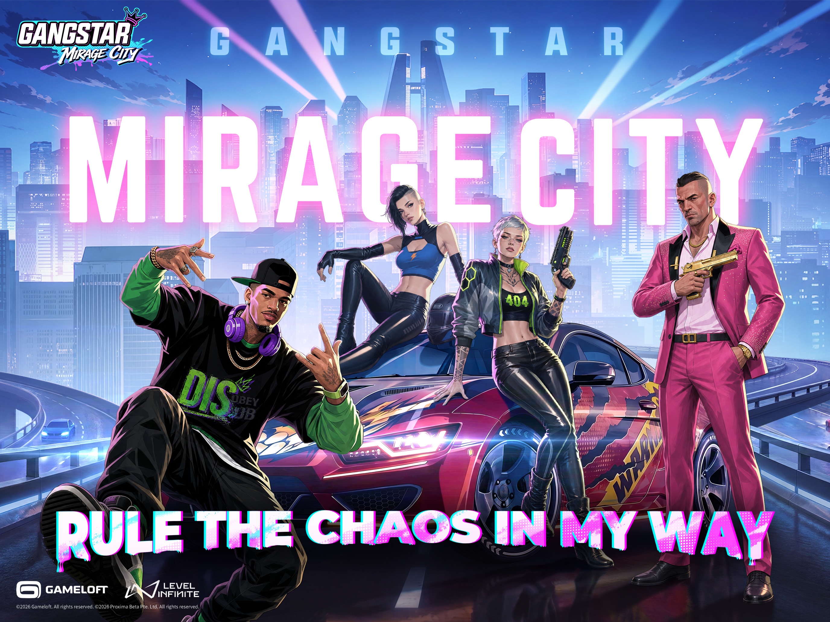 iPad App Store screenshot: four stylized crew pose on a neon highway in front of MIRAGE CITY and a red supercar, caption RULE THE CHAOS IN MY WAY.