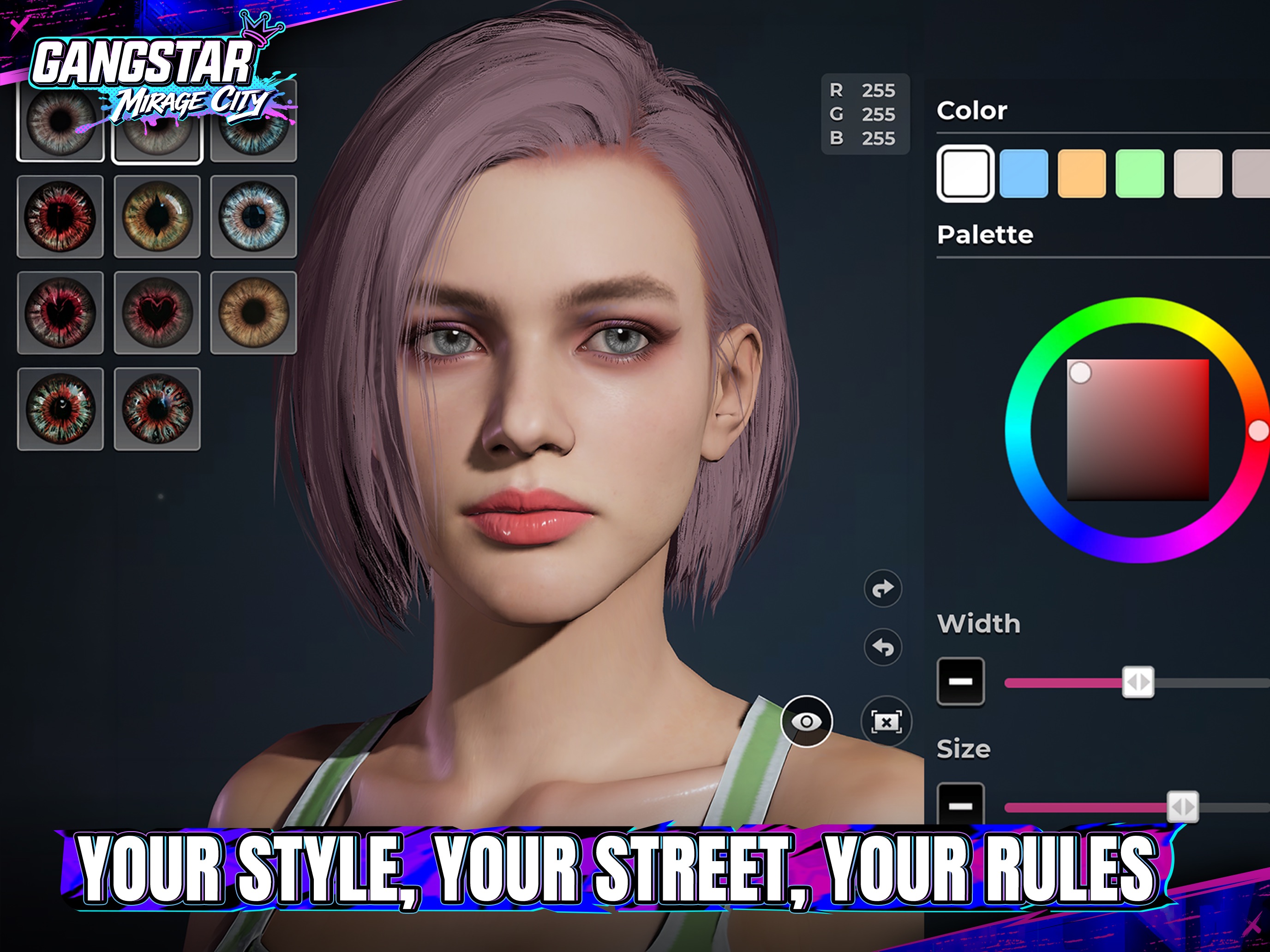 iPad App Store screenshot: Beauty Salon makeup UI with eye swatches and an RGB 255,255,255 color wheel, caption YOUR STYLE, YOUR STREET, YOUR RULES.