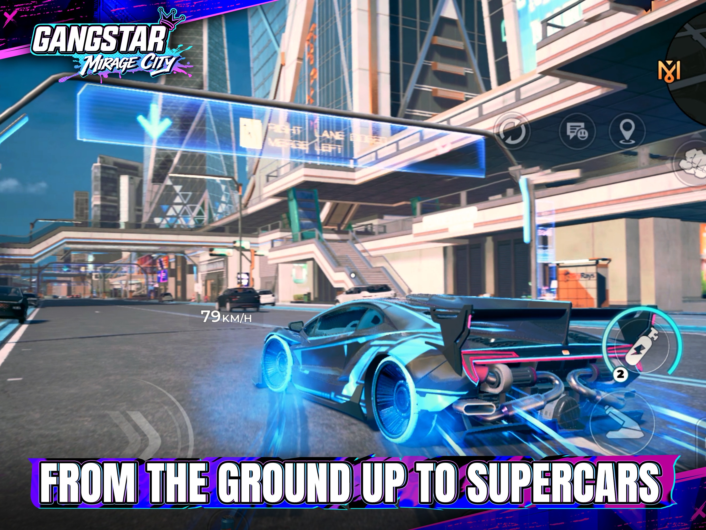 iPad App Store screenshot: a cyan-lit supercar at 79 km/h under a Fight Lane holographic gantry, caption FROM THE GROUND UP TO SUPERCARS.