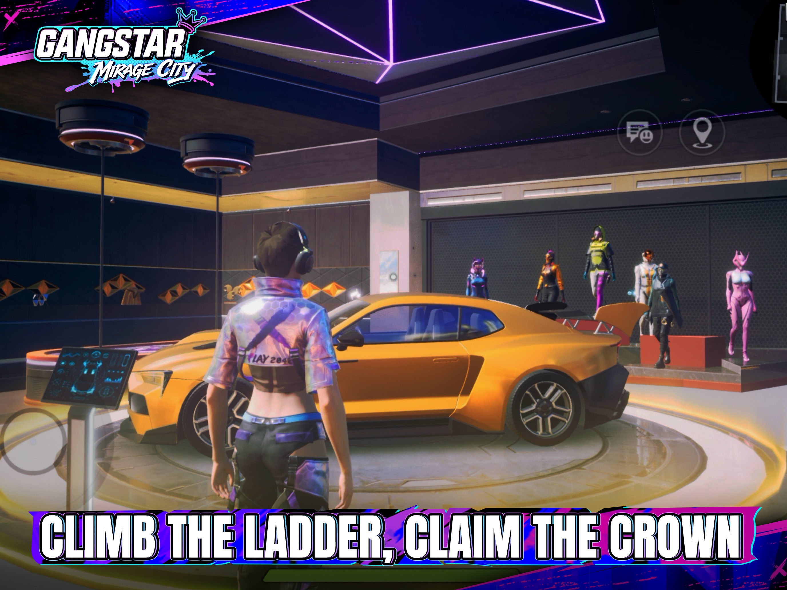 iPad App Store screenshot: a player faces an orange coupe on a penthouse garage turntable with mannequins, caption CLIMB THE LADDER, CLAIM THE CROWN.