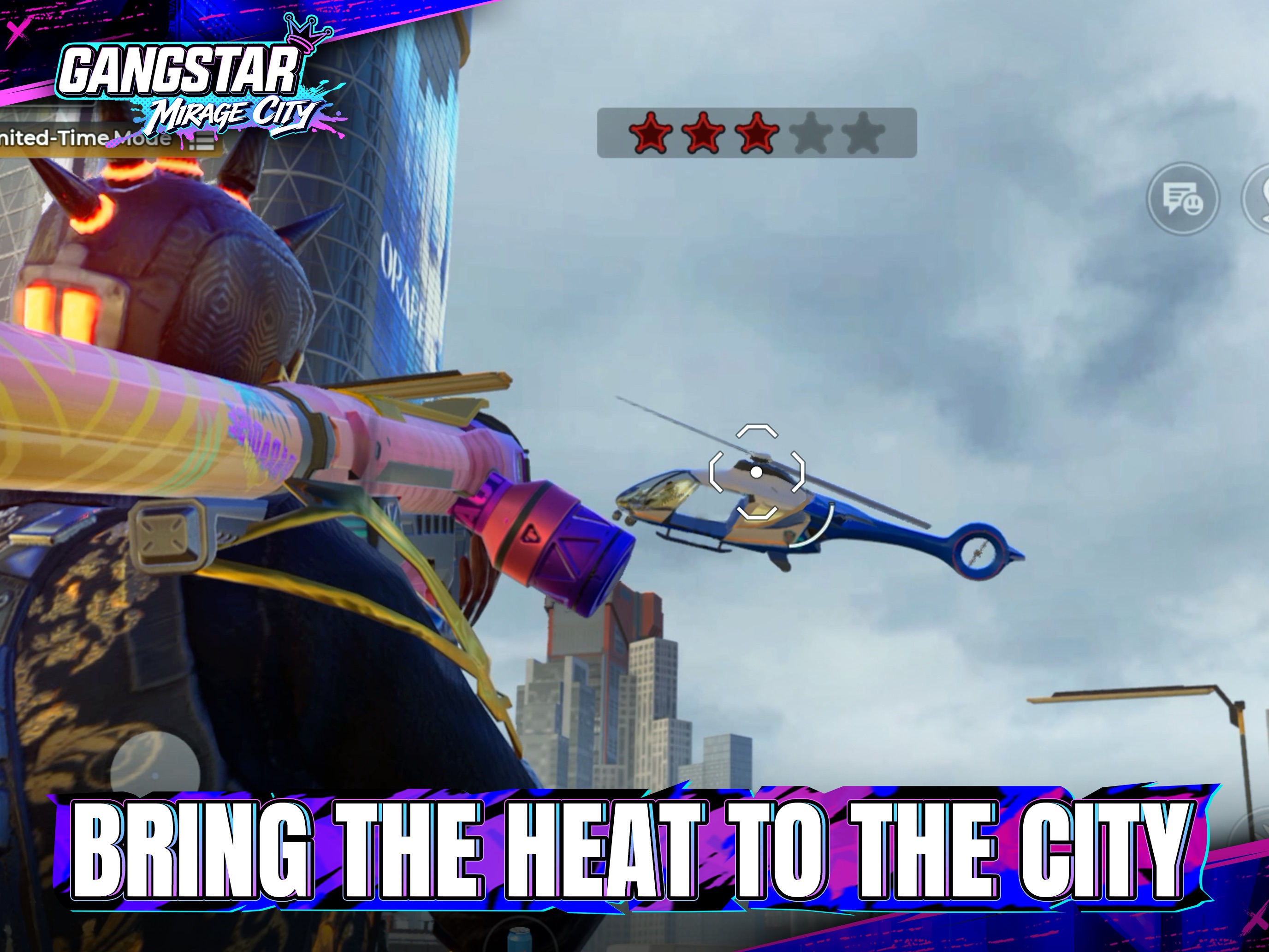 iPad App Store screenshot: a player aims a rocket at a police helicopter under a three-filled five-star wanted bar, caption BRING THE HEAT TO THE CITY.