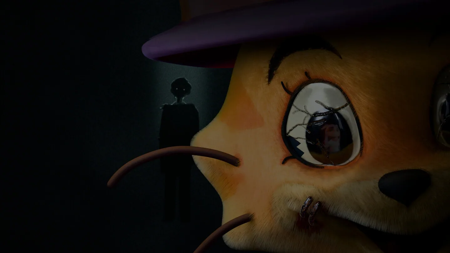 A stitched animal face under a purple hat