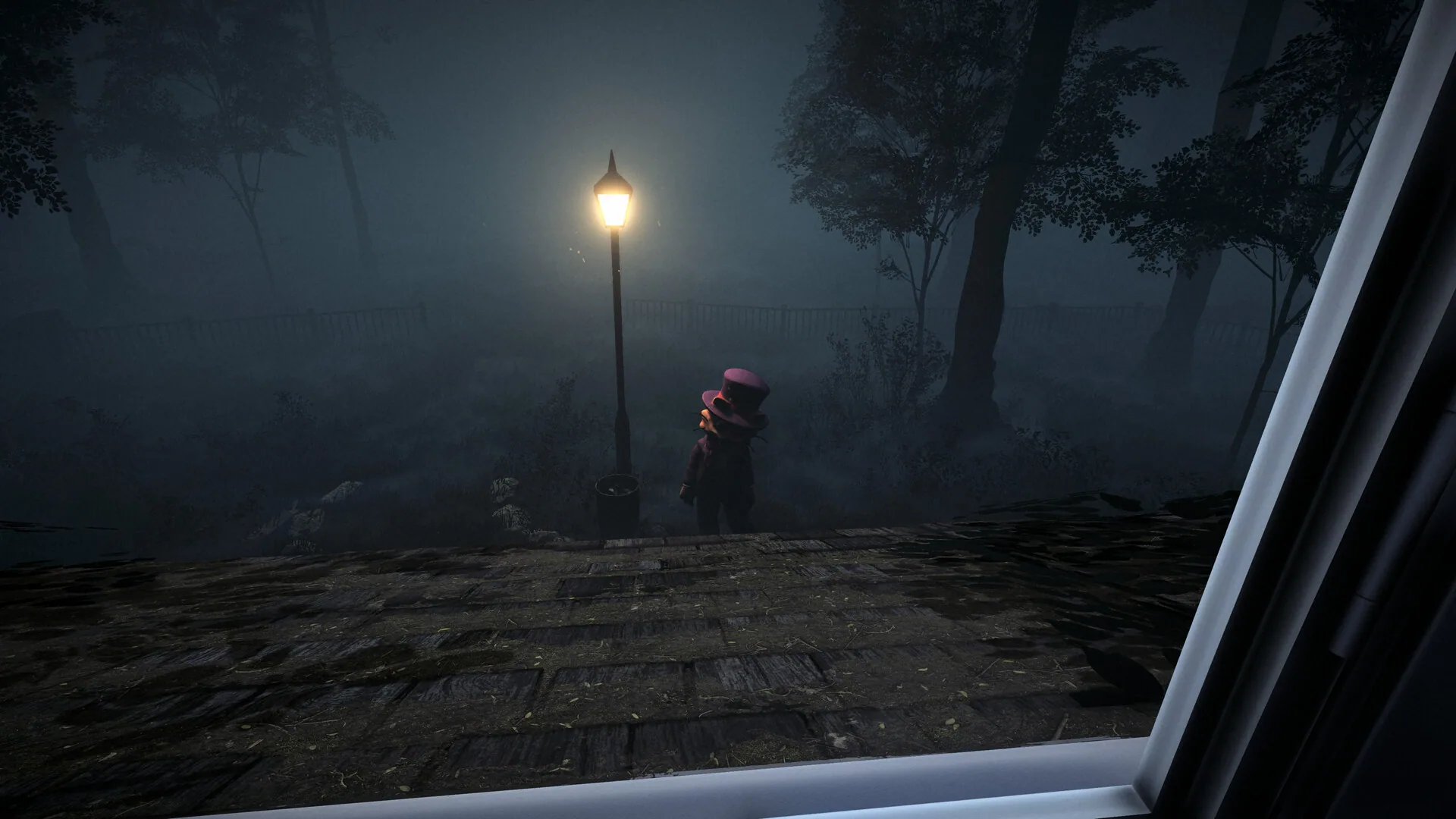 A foggy park path