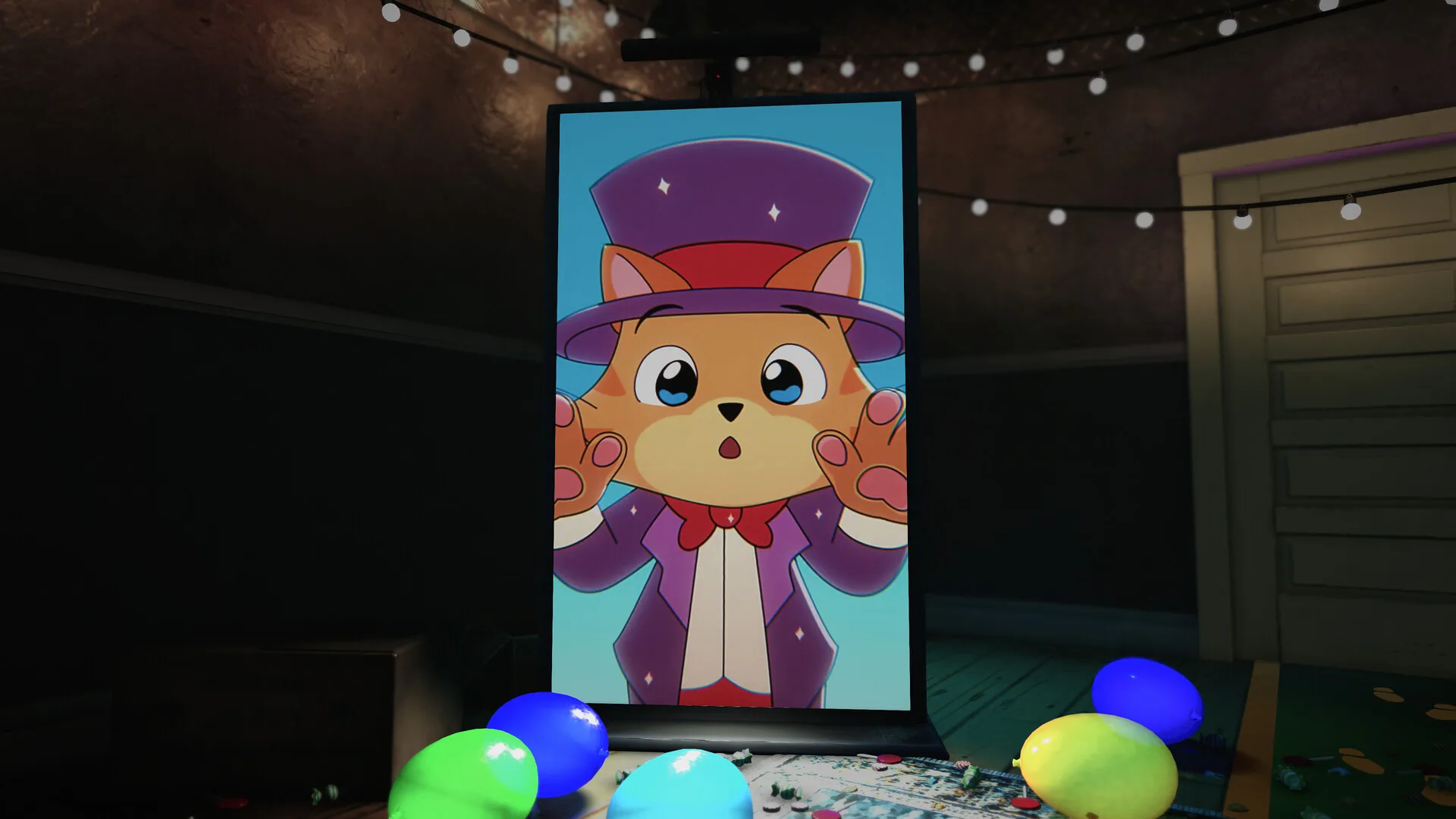 A cartoon cat on a screen, balloons, a closed door
