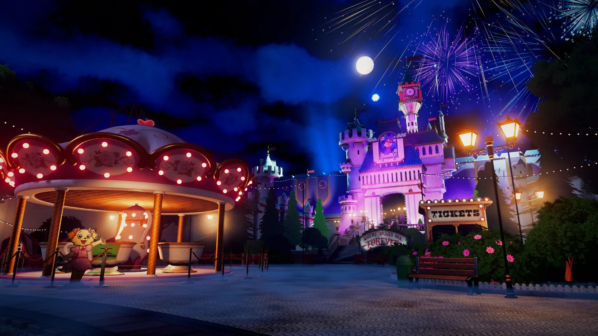 The park at night, carousel, castle, Tickets sign