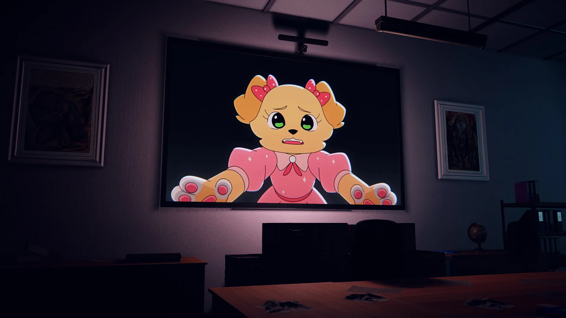 An office screen showing a cartoon dog