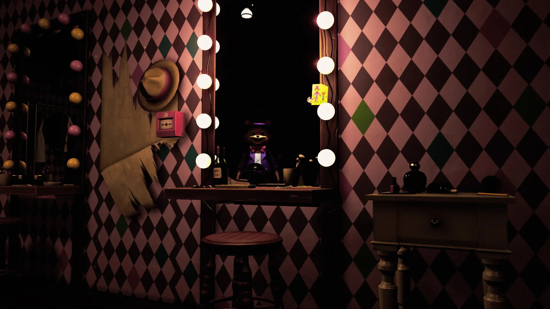 A dressing room and a cat in a purple suit
