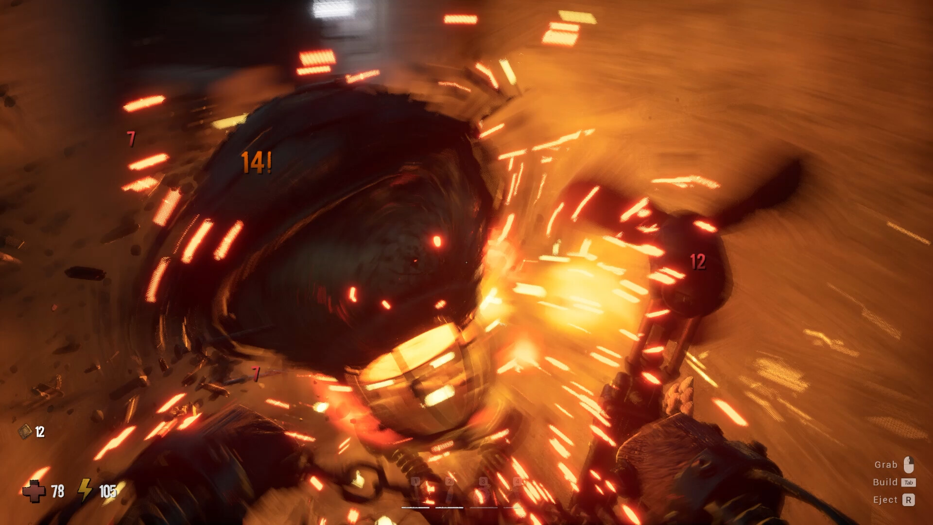Close-quarters combat with motion blur and orange sparks: damage numbers 14!, 7 and 12 float off a struck Corrupted, the HUD reads 78 health and 105 energy, and the lower-right prompts read Grab on the mouse button, Build on Tab and Eject on R.